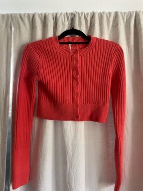Free People Ribbed Cropped Cardigan in Coral